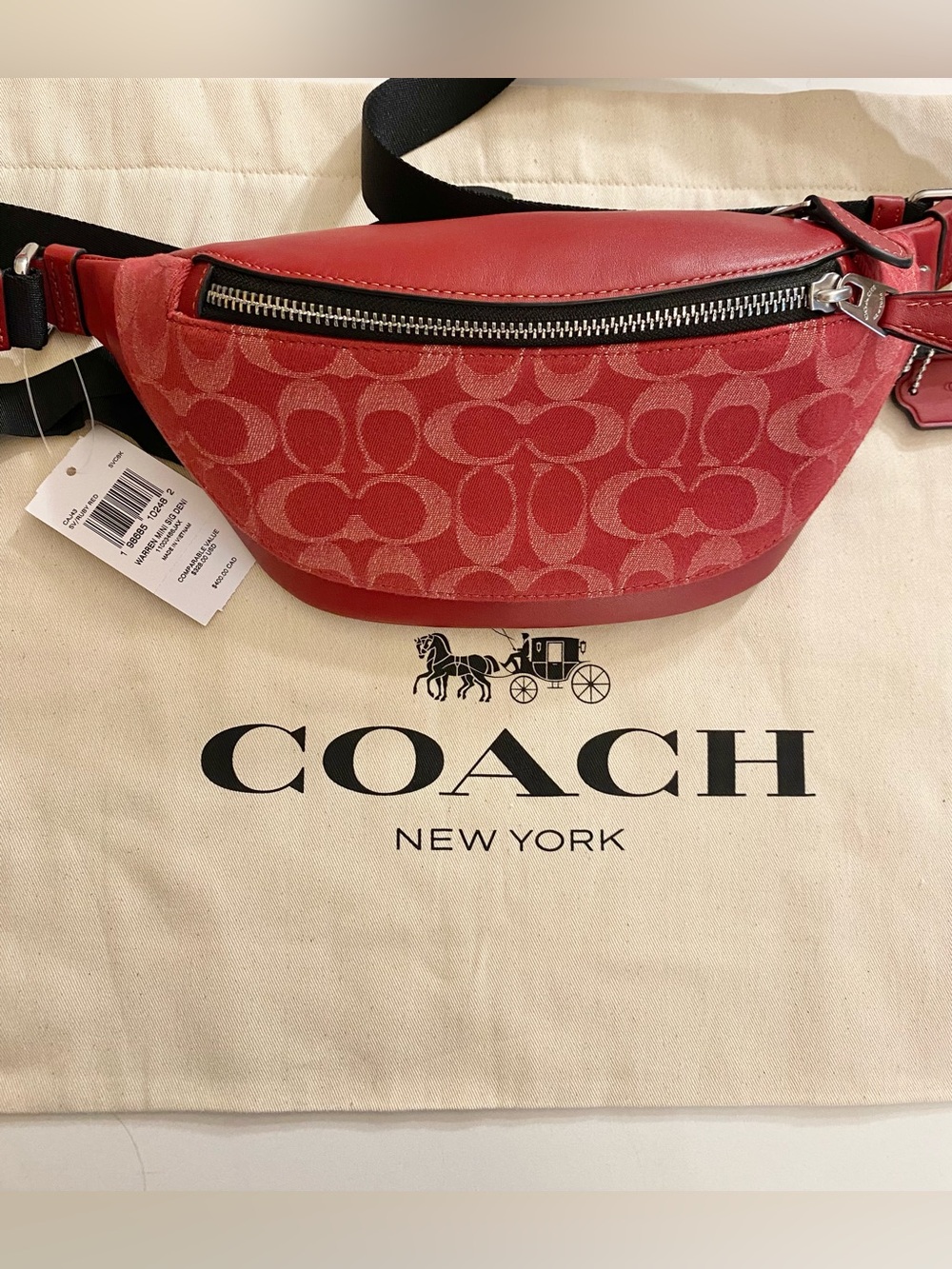 Coach Warren Mini Belt Bag in red signature denim. NWT R$328 Unisex